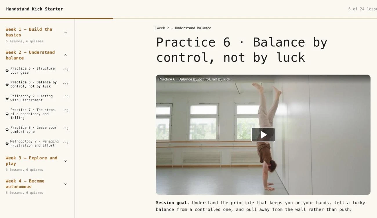 A session page in the Handstand Kick Starter studio: video, session goal and program outline
